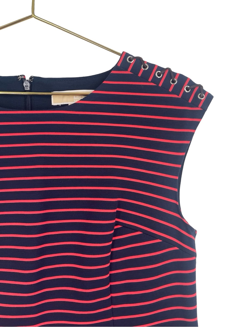 Michael Kors Navy and Pink Striped Sheath Dress with Grommet Shoulders - Picture 2 of 7